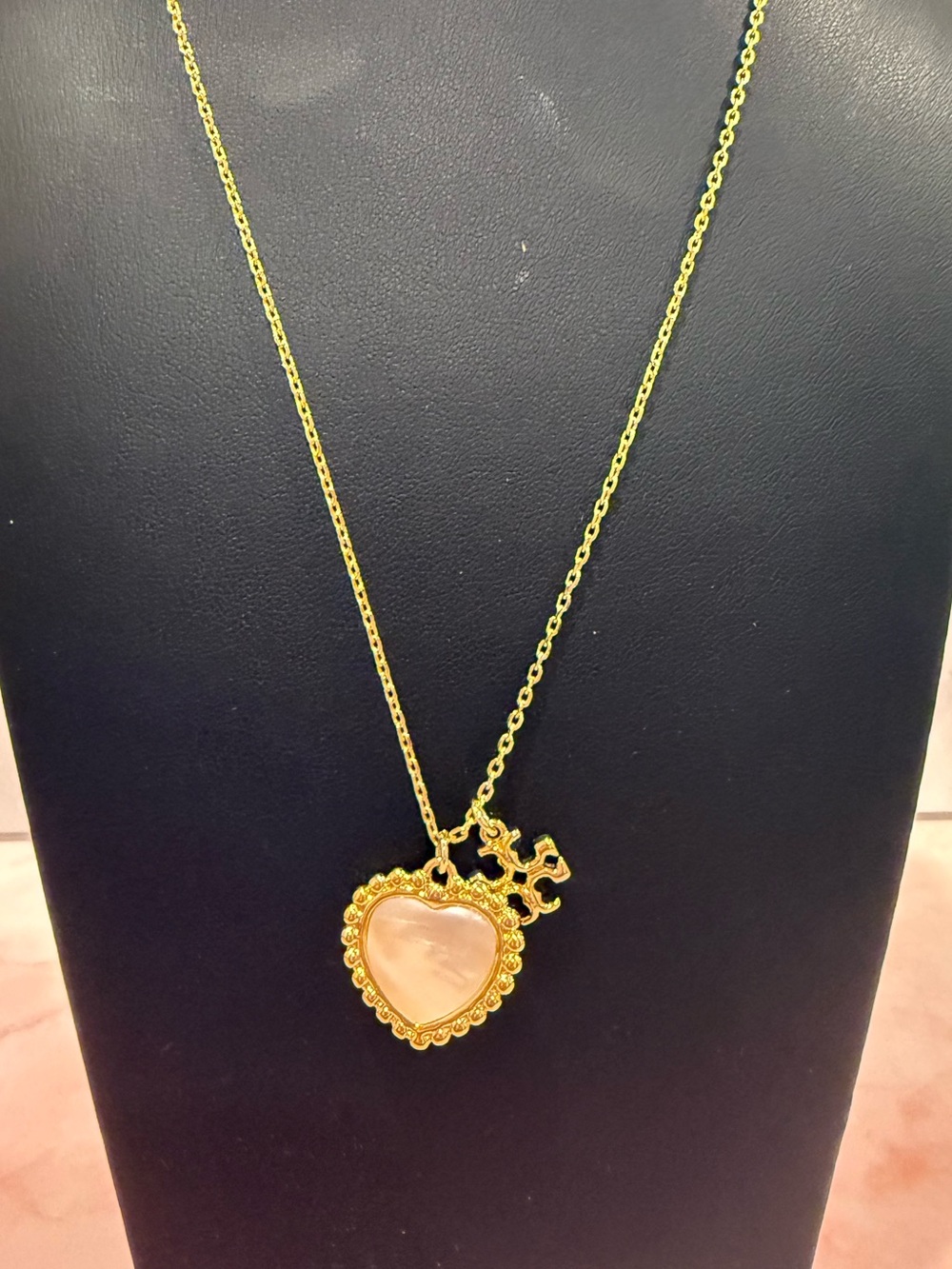Tory Burch | Gold Plated Logo & Mother of Pearl Heart Pendant Necklace